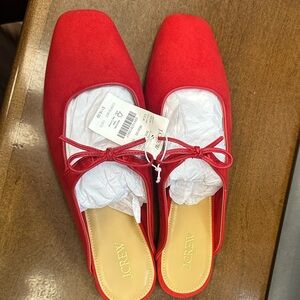 J. Crew Bold Red suedes slip on mules with bow NWT